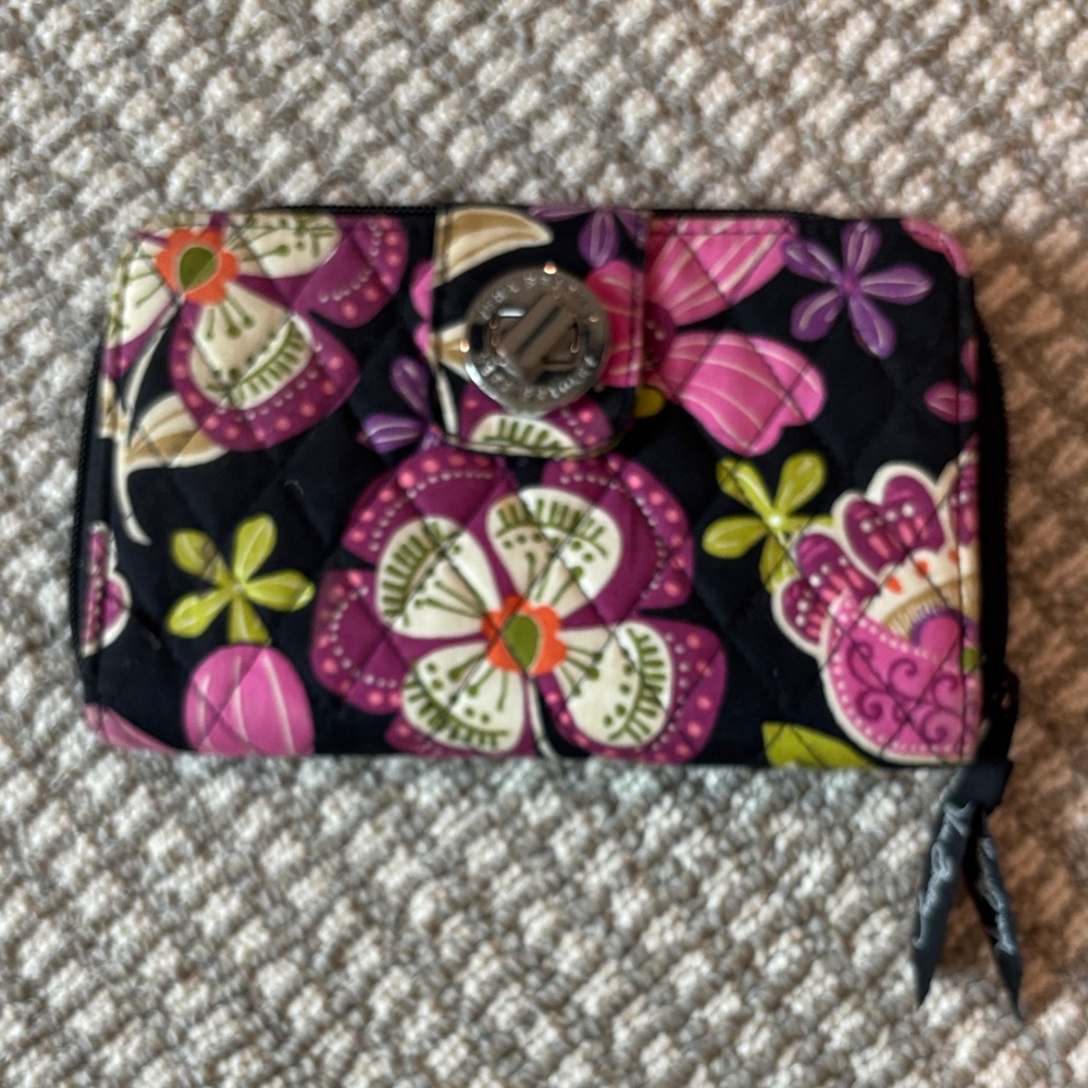 Vera Bradley Black Quilted Wallet with Fuchsia and Purple Floral Print